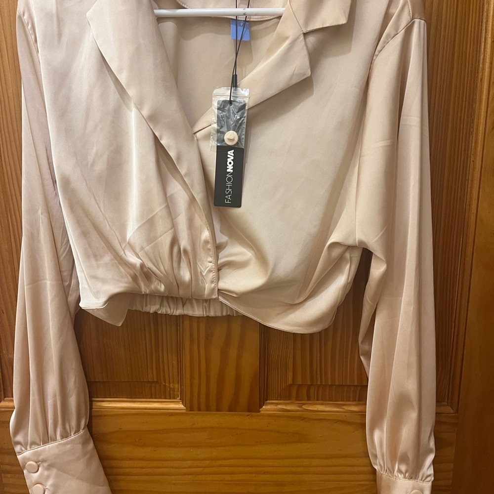 Fashion Nova Taupe  Kalina Cropped Satin Wrap Top